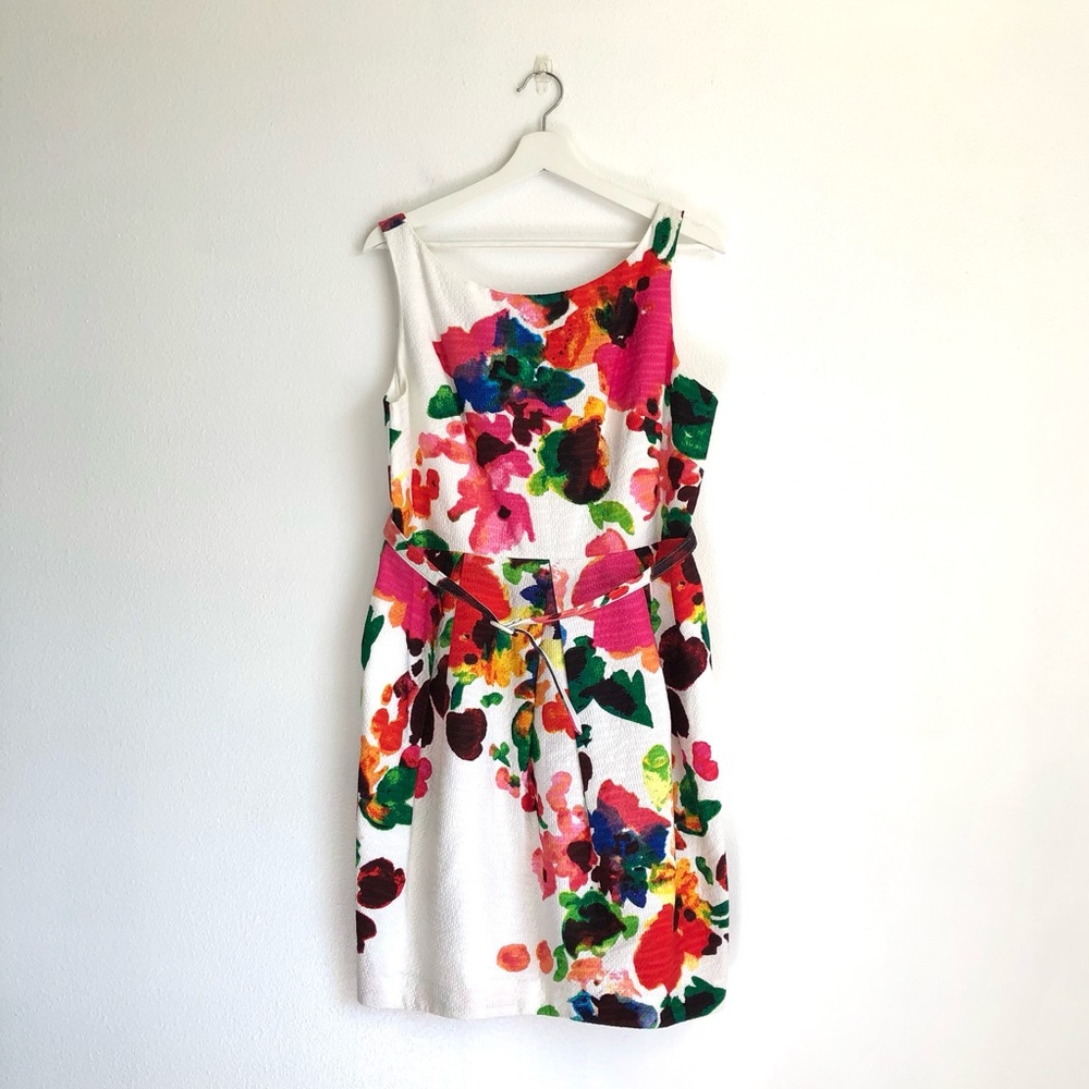 Eliza J Watercolor Floral Belted Dress | White, Pink, Multicolor Size 16